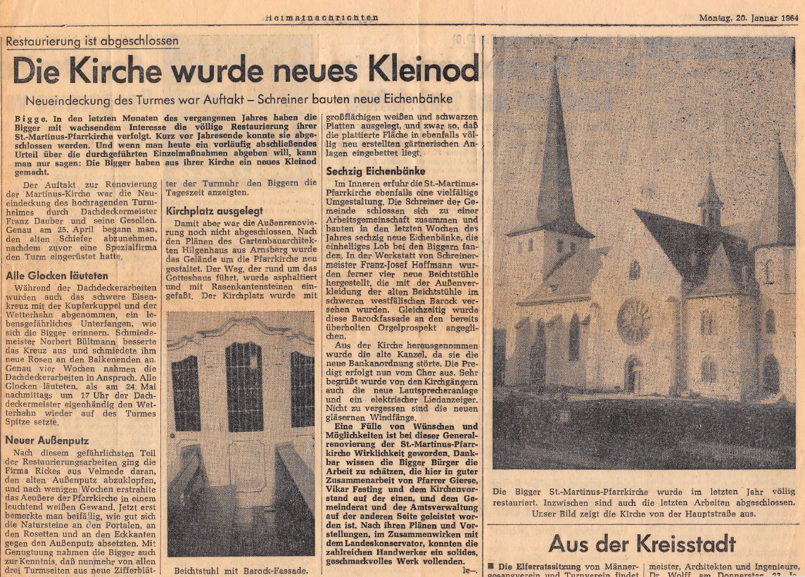 Bericht in der Westfalenpost im Jahr 1964 zur Kirchenrenovierung.