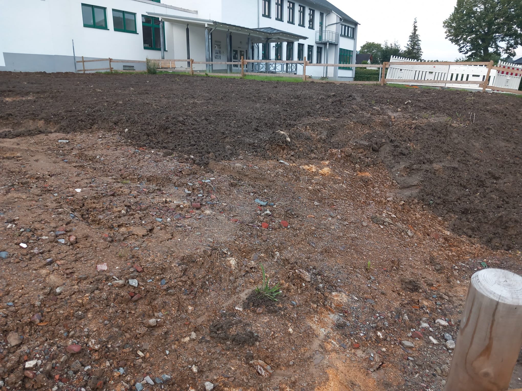 Die Brachfläche der Bildungswerkstatt an der Grundschule Bigge Anfang August 2023. Sie wird zu einer Rasenfläche hergerichtet. Foto: bigge-online