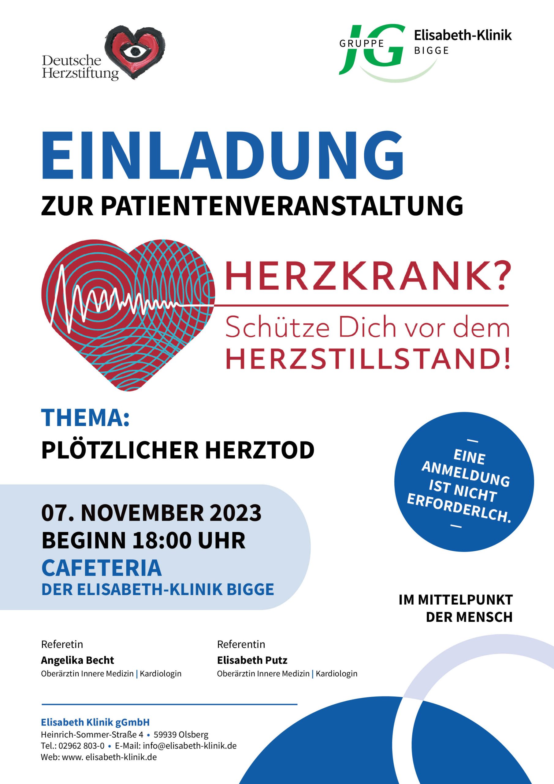 Plötzlicher Herztod - Schütze dich vor dem Herzstillstand! Infoveranstaltung am 7. November 2023. Plakat: Elisabeth-Klinik