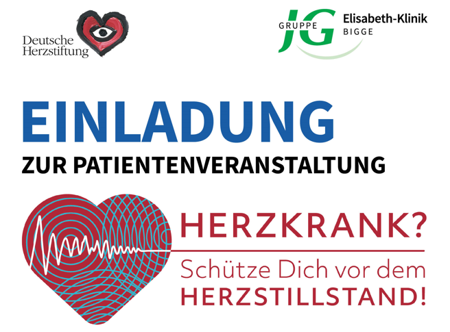 Plötzlicher Herztod - Schütze dich vor dem Herzstillstand! Infoveranstaltung am 7. November 2023. Plakat: Elisabeth-Klinik