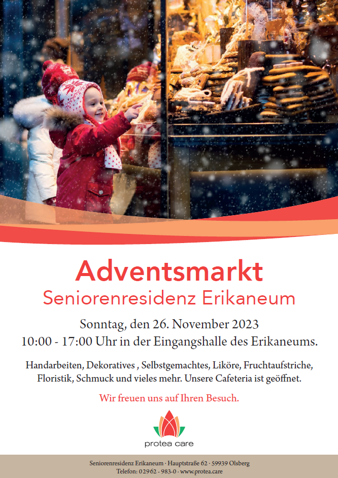 Adventsmarkt im Erikaneum in Bigge am 26. November 2023. Plakat: Seniorenresidenz Erikaneum