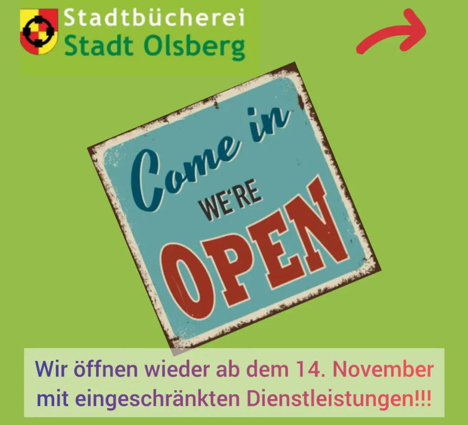 Die Stadtbücherei Olsberg öffnet ab Dienstag, 14. November, wieder zu den gewohnten Zeiten: Mit eingeschränktem Angebot. Plakat: Stadtbücherei
