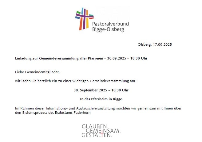 Pastoralverbund Bigge-Olsberg: Gemeindeversammlung am 30.09.25