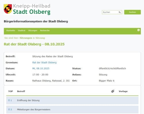 Blick in das Ratsinformationssystem der Stadt Olsberg